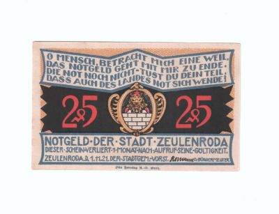 Нотгельд 25 пфеннигов Zeulenroda